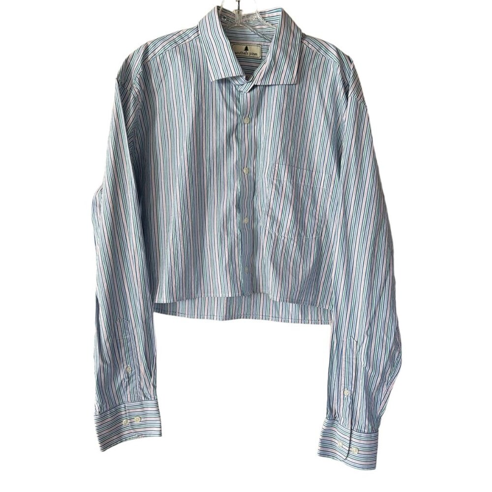 Cropped Southern Pines Striped Button Down Shirt XL Pastel Pink Blue Preppy